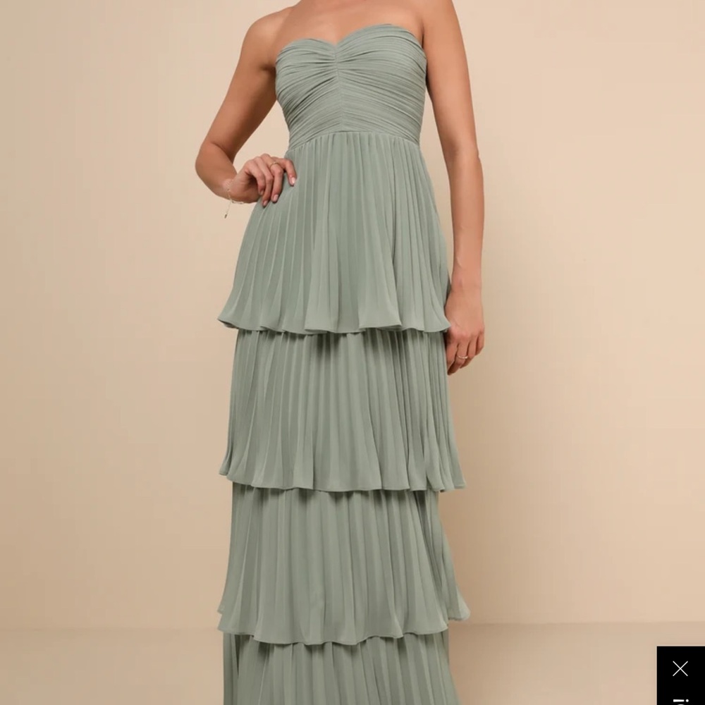 Lulu’s Seriously Sensational Sage Brush Strapless Tiered Maxi Dress